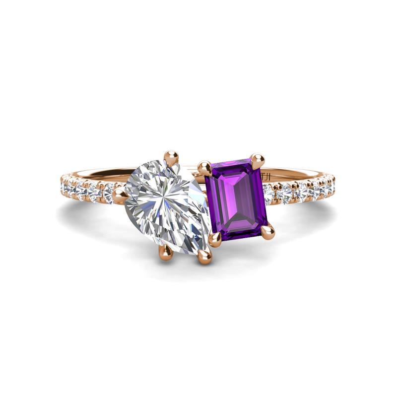 Zahara 9x6 mm Pear Forever One Moissanite and 7x5 mm Emerald Cut Amethyst 2 Stone Duo Ring 