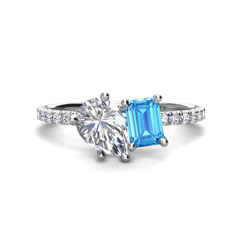 Zahara 9x6 mm Pear Forever Brilliant Moissanite and 7x5 mm Emerald Cut Blue Topaz 2 Stone Duo Ring 