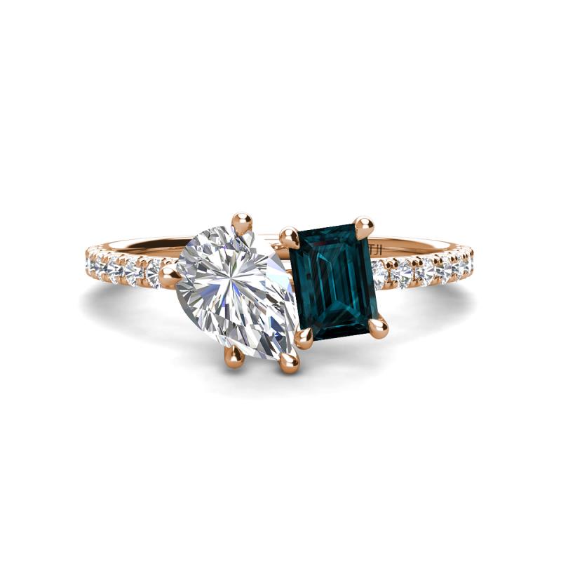 Zahara 9x6 mm Pear Forever One Moissanite and 7x5 mm Emerald Cut London Blue Topaz 2 Stone Duo Ring 