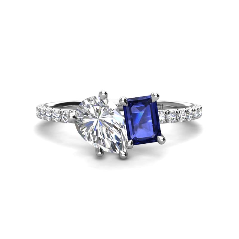 Zahara 9x6 mm Pear Forever Brilliant Moissanite and 7x5 mm Emerald Cut Iolite 2 Stone Duo Ring 