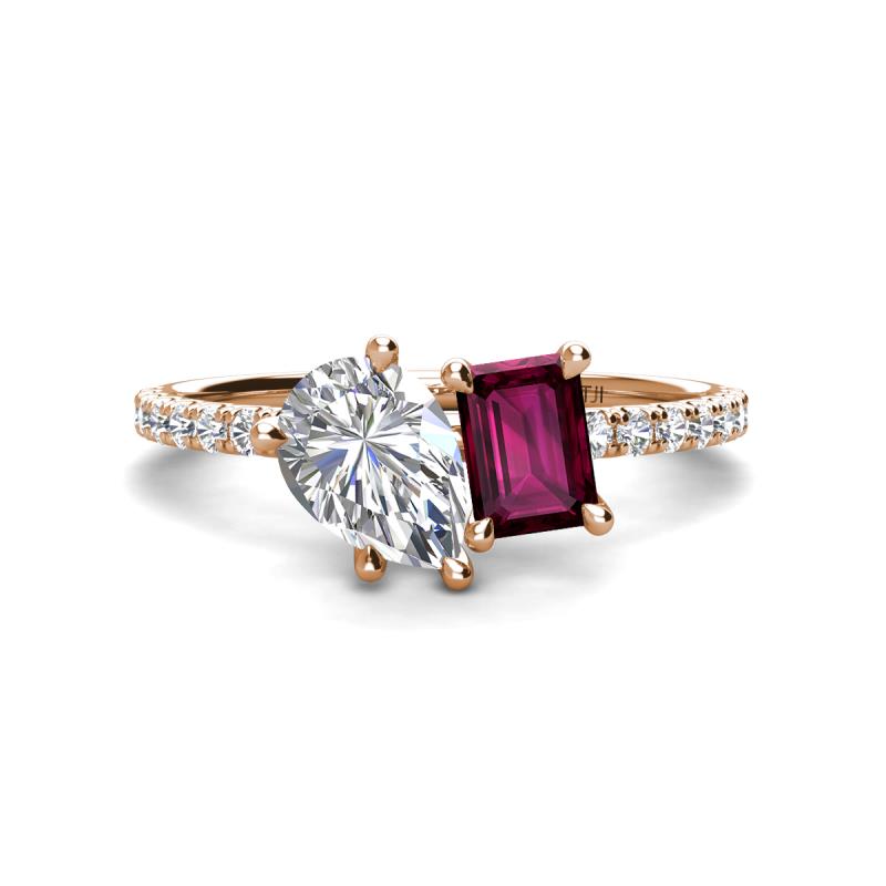 Zahara 9x6 mm Pear Forever One Moissanite and 7x5 mm Emerald Cut Rhodolite Garnet 2 Stone Duo Ring 