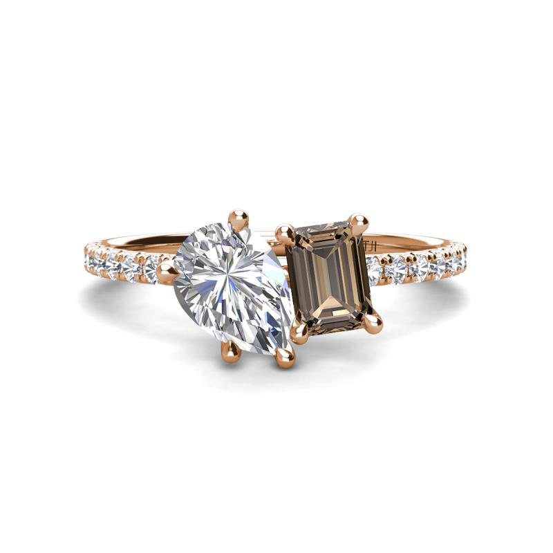 Zahara 9x6 mm Pear Forever One Moissanite and 7x5 mm Emerald Cut Smoky Quartz 2 Stone Duo Ring 