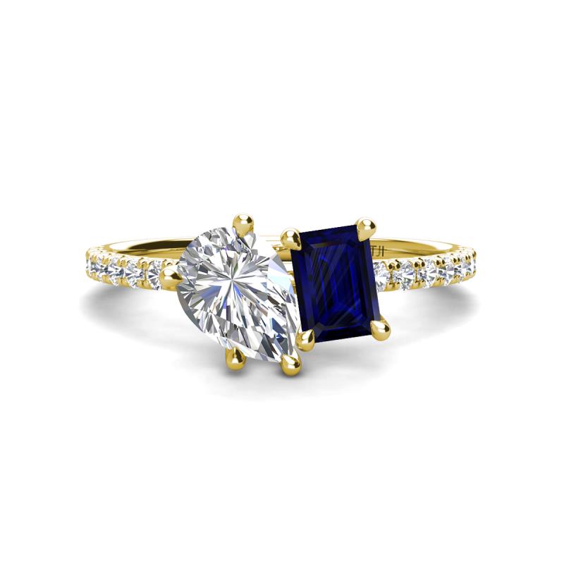 Zahara 9x6 mm Pear Forever Brilliant Moissanite and 7x5 mm Emerald Cut Lab Created Blue Sapphire 2 Stone Duo Ring 