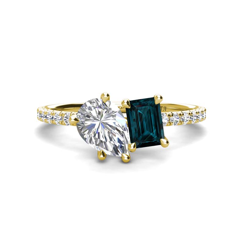 Zahara 9x6 mm Pear Forever Brilliant Moissanite and 7x5 mm Emerald Cut London Blue Topaz 2 Stone Duo Ring 