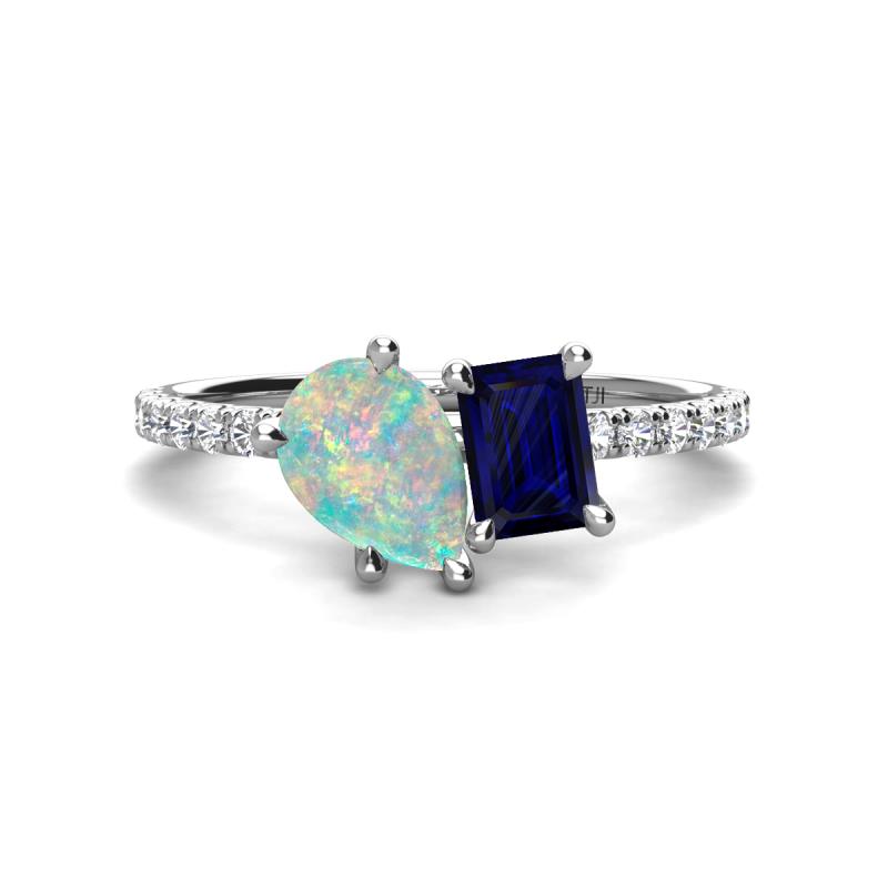 Zahara 9x6 mm Pear Opal and 7x5 mm Emerald Cut Lab Created Blue Sapphire 2 Stone Duo Ring 