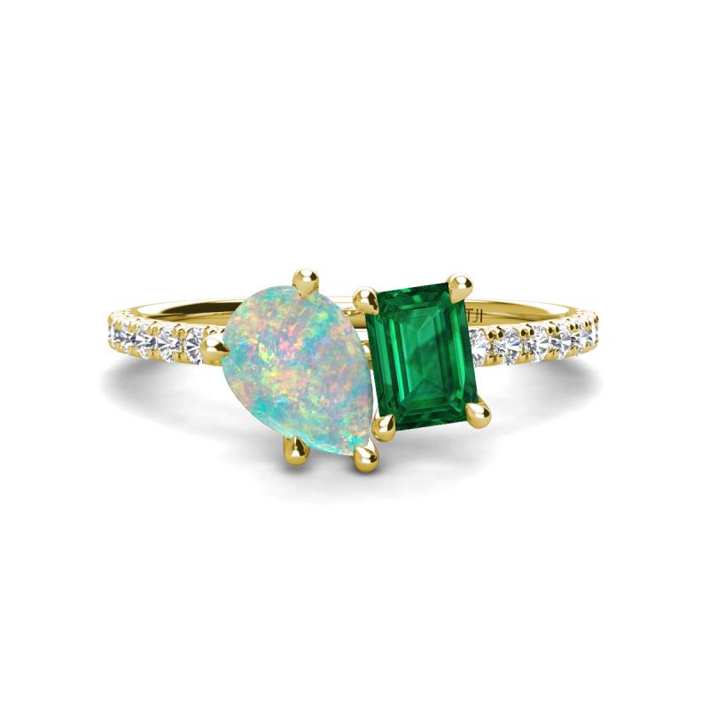 Zahara 9x6 mm Pear Opal and 7x5 mm Emerald Cut Lab Created Emerald 2 Stone Duo Ring 