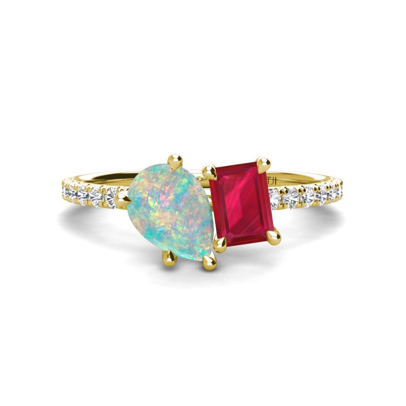 Zahara 9x6 mm Pear Opal and 7x5 mm Emerald Cut Lab Created Ruby 2 Stone Duo Ring 