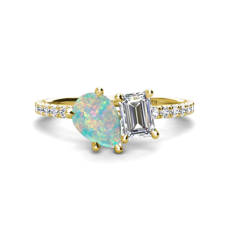 Zahara 9x6 mm Pear Opal and 7x5 mm Emerald Cut Forever Brilliant Moissanite 2 Stone Duo Ring 