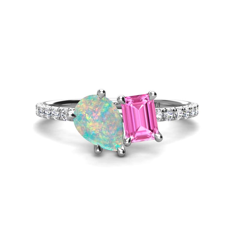Zahara 9x6 mm Pear Opal and 7x5 mm Emerald Cut Lab Created Pink Sapphire 2 Stone Duo Ring 