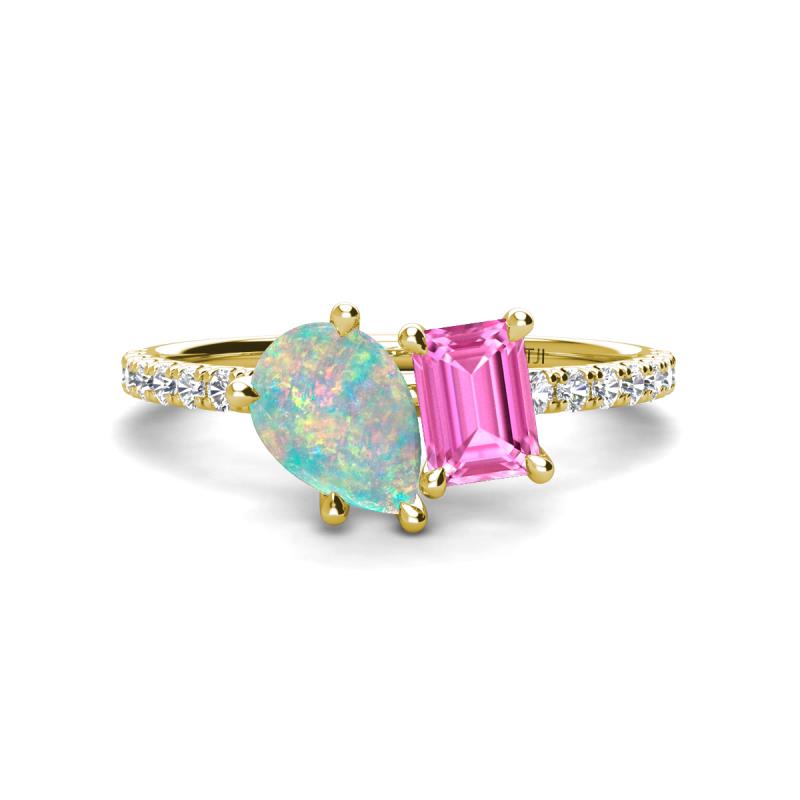 Zahara 9x6 mm Pear Opal and 7x5 mm Emerald Cut Lab Created Pink Sapphire 2 Stone Duo Ring 