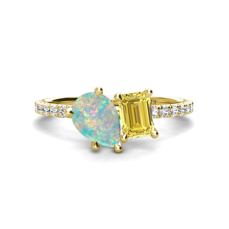 Zahara 9x6 mm Pear Opal and 7x5 mm Emerald Cut Lab Created Yellow Sapphire 2 Stone Duo Ring 