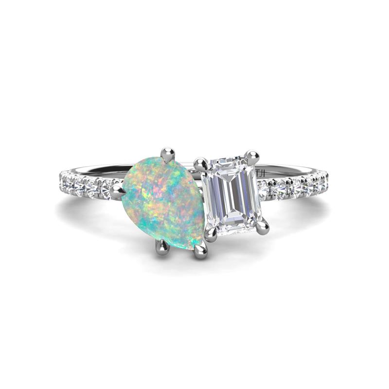 Zahara 9x6 mm Pear Opal and 7x5 mm Emerald Cut White Sapphire 2 Stone Duo Ring 