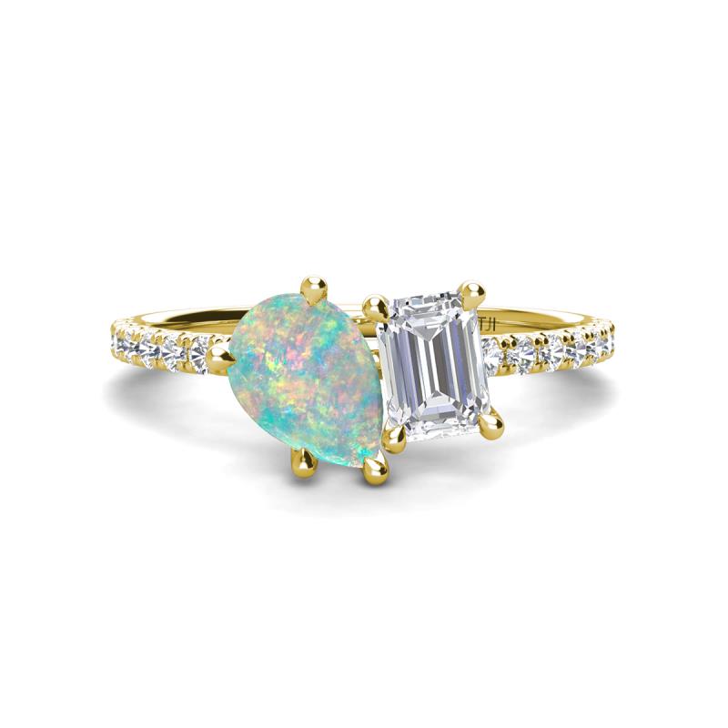 Zahara 9x6 mm Pear Opal and 7x5 mm Emerald Cut White Sapphire 2 Stone Duo Ring 