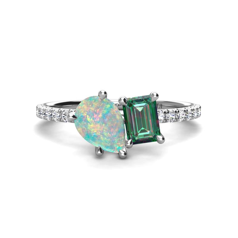 Zahara 9x6 mm Pear Opal and 7x5 mm Emerald Cut Lab Created Alexandrite 2 Stone Duo Ring 