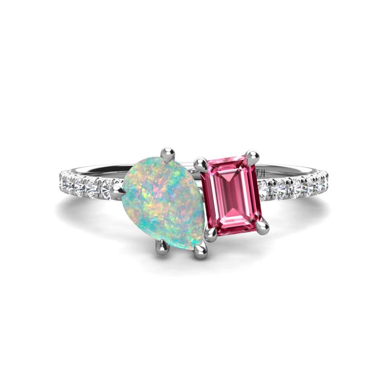 Zahara 9x6 mm Pear Opal and 7x5 mm Emerald Cut Pink Tourmaline 2 Stone Duo Ring 