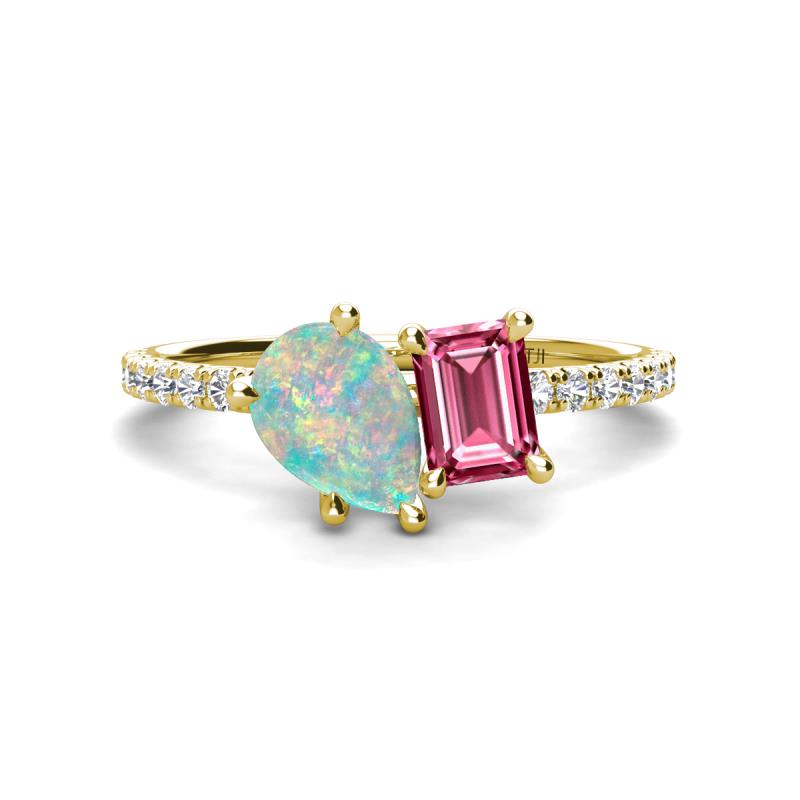 Zahara 9x6 mm Pear Opal and 7x5 mm Emerald Cut Pink Tourmaline 2 Stone Duo Ring 