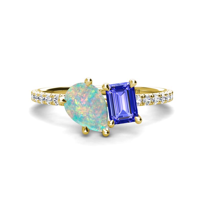 Zahara 9x6 mm Pear Opal and 7x5 mm Emerald Cut Tanzanite 2 Stone Duo Ring 