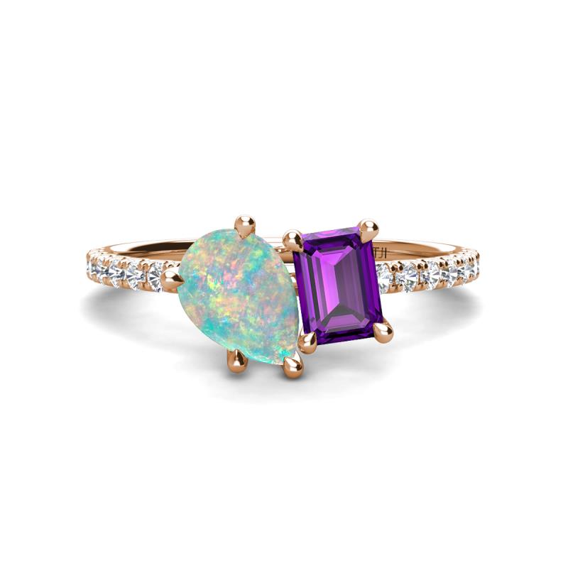 Zahara 9x6 mm Pear Opal and 7x5 mm Emerald Cut Amethyst 2 Stone Duo Ring 