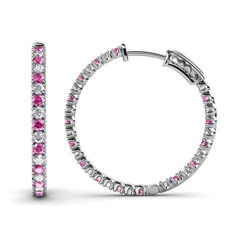 Melissa 1.85 ctw (2.00 mm) Inside Outside Round Pink Sapphire and Natural Diamond Eternity Hoop Earrings 