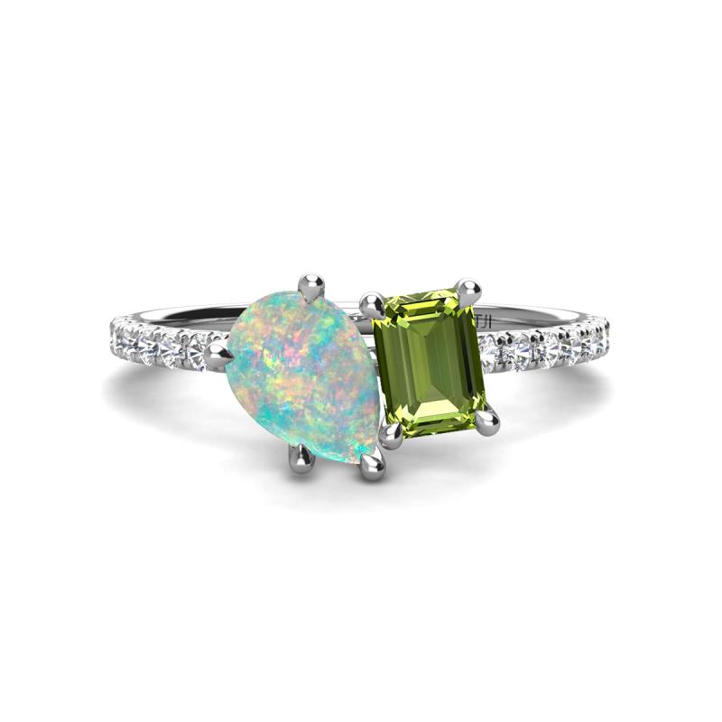 Zahara 9x6 mm Pear Opal and 7x5 mm Emerald Cut Peridot 2 Stone Duo Ring 
