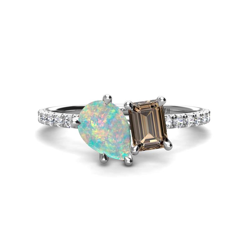 Zahara 9x6 mm Pear Opal and 7x5 mm Emerald Cut Smoky Quartz 2 Stone Duo Ring 