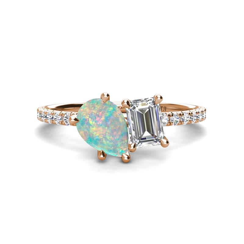 Zahara 9x6 mm Pear Opal and 7x5 mm Emerald Cut Forever Brilliant Moissanite 2 Stone Duo Ring 