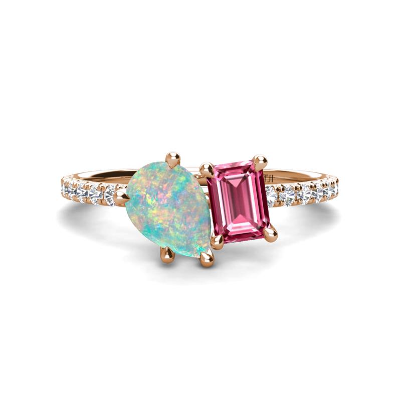 Zahara 9x6 mm Pear Opal and 7x5 mm Emerald Cut Pink Tourmaline 2 Stone Duo Ring 