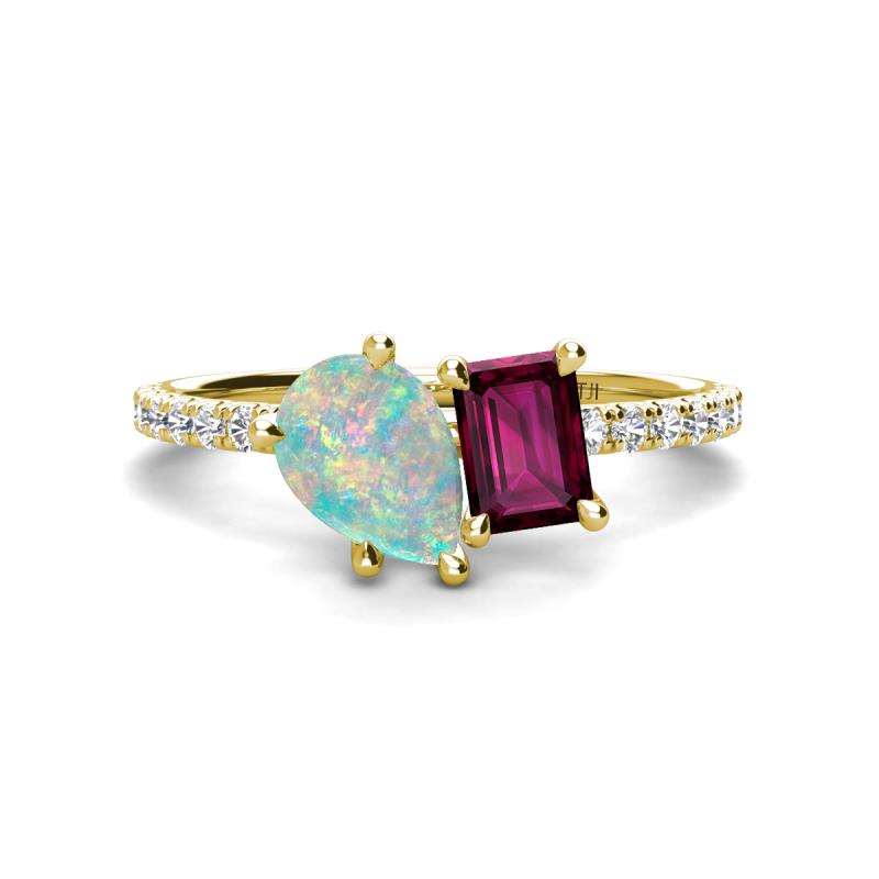 Zahara 9x6 mm Pear Opal and 7x5 mm Emerald Cut Rhodolite Garnet 2 Stone Duo Ring 