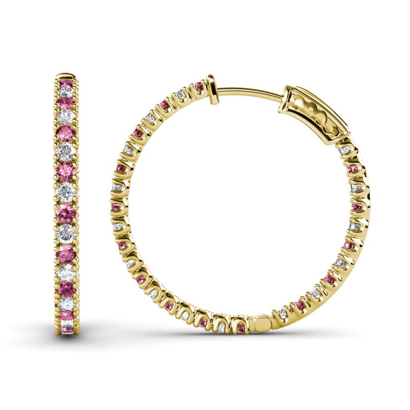 Melissa 1.56 ctw (2.00 mm) Inside Outside Round Pink Tourmaline and Natural Diamond Eternity Hoop Earrings 