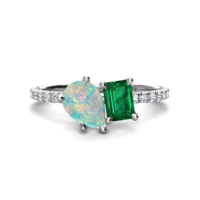 Zahara 9x6 mm Pear Opal and 7x5 mm Emerald Cut Lab Created Emerald 2 Stone Duo Ring 