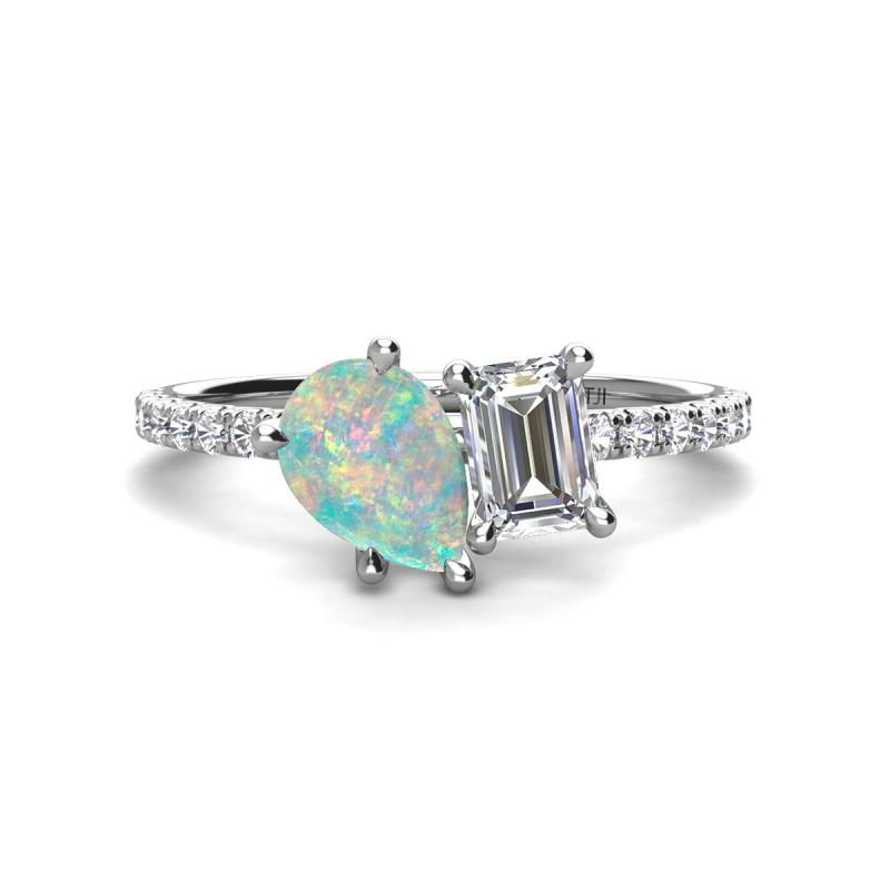 Zahara 9x6 mm Pear Opal and IGI Certified 7x5 mm Emerald Cut Lab Grown Diamond 2 Stone Duo Ring 