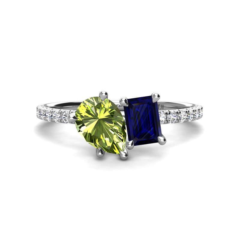 Zahara 9x6 mm Pear Peridot and 7x5 mm Emerald Cut Lab Created Blue Sapphire 2 Stone Duo Ring 