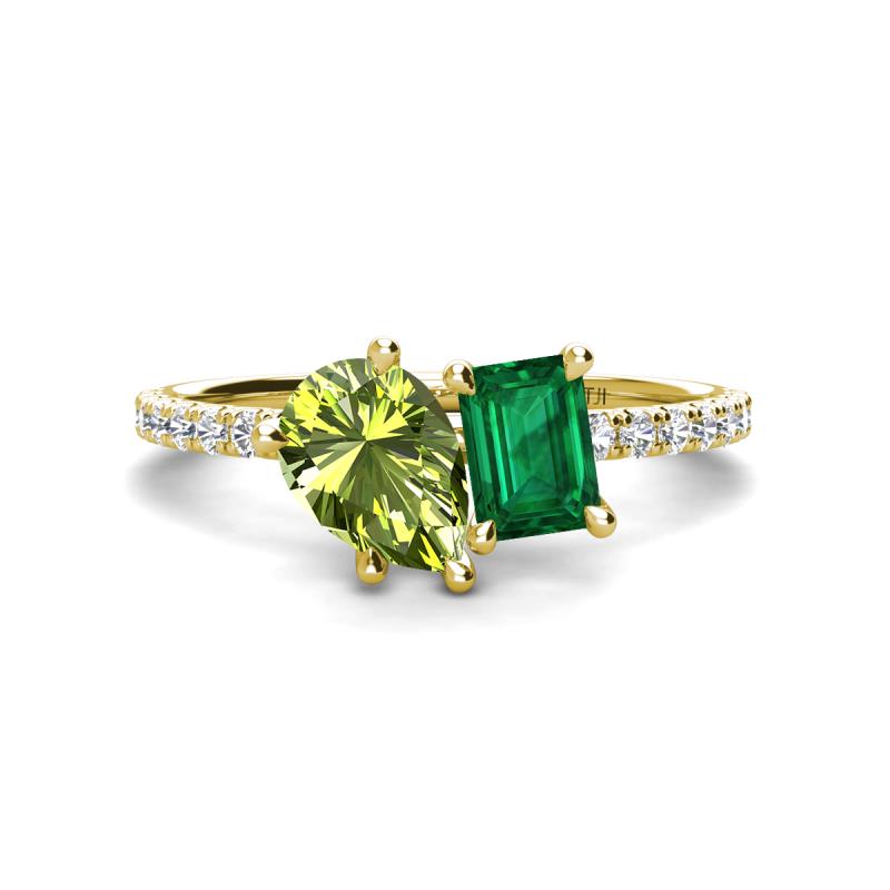 Zahara 9x6 mm Pear Peridot and 7x5 mm Emerald Cut Lab Created Emerald 2 Stone Duo Ring 