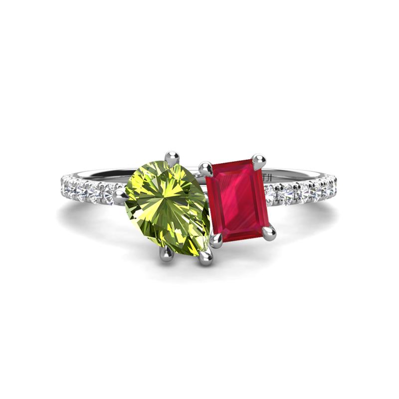 Zahara 9x6 mm Pear Peridot and 7x5 mm Emerald Cut Lab Created Ruby 2 Stone Duo Ring 