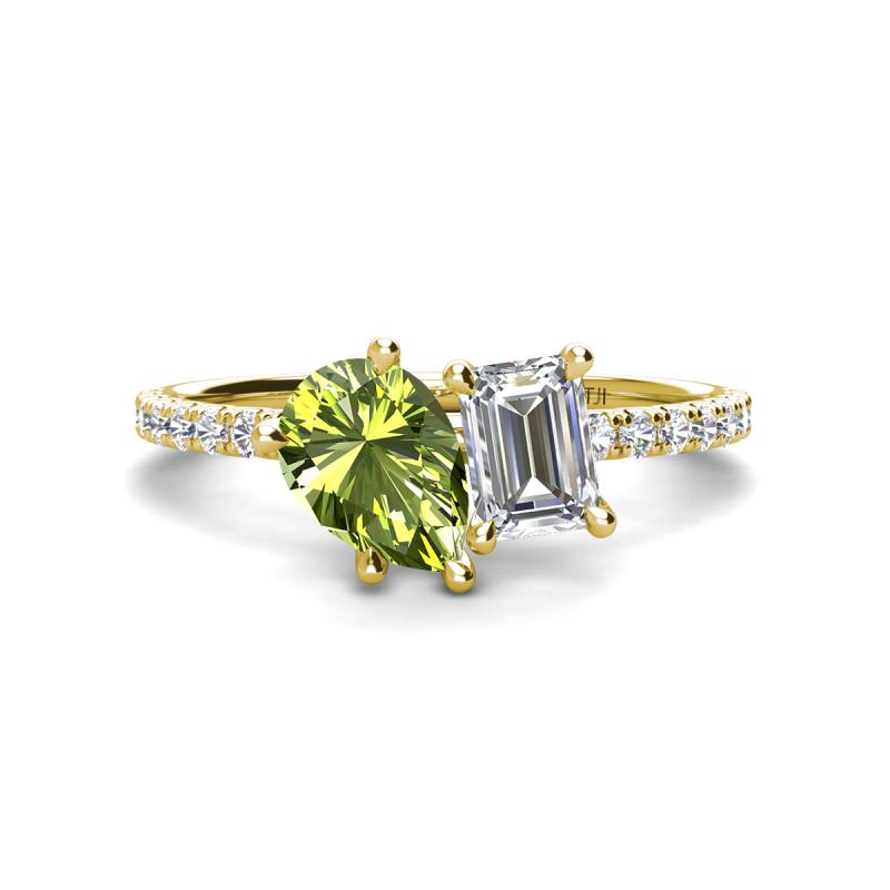 Zahara 9x6 mm Pear Peridot and IGI Certified 7x5 mm Emerald Cut Lab Grown Diamond 2 Stone Duo Ring 