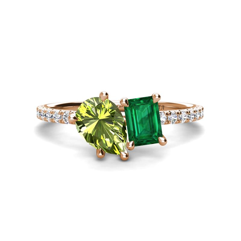 Zahara 9x6 mm Pear Peridot and 7x5 mm Emerald Cut Lab Created Emerald 2 Stone Duo Ring 
