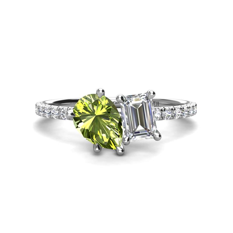 Zahara 9x6 mm Pear Peridot and IGI Certified 7x5 mm Emerald Cut Lab Grown Diamond 2 Stone Duo Ring 