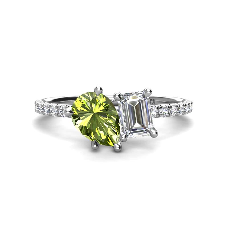Zahara 9x6 mm Pear Peridot and GIA Certified 7x5 mm Emerald Cut Diamond 2 Stone Duo Ring 