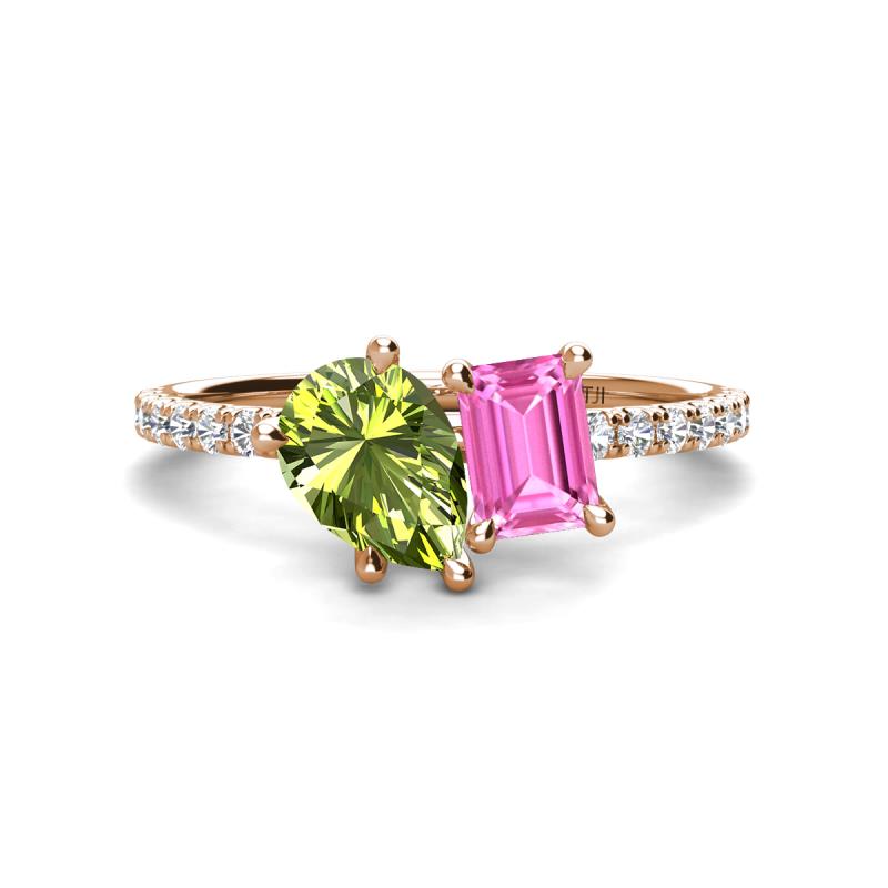 Zahara 9x6 mm Pear Peridot and 7x5 mm Emerald Cut Lab Created Pink Sapphire 2 Stone Duo Ring 