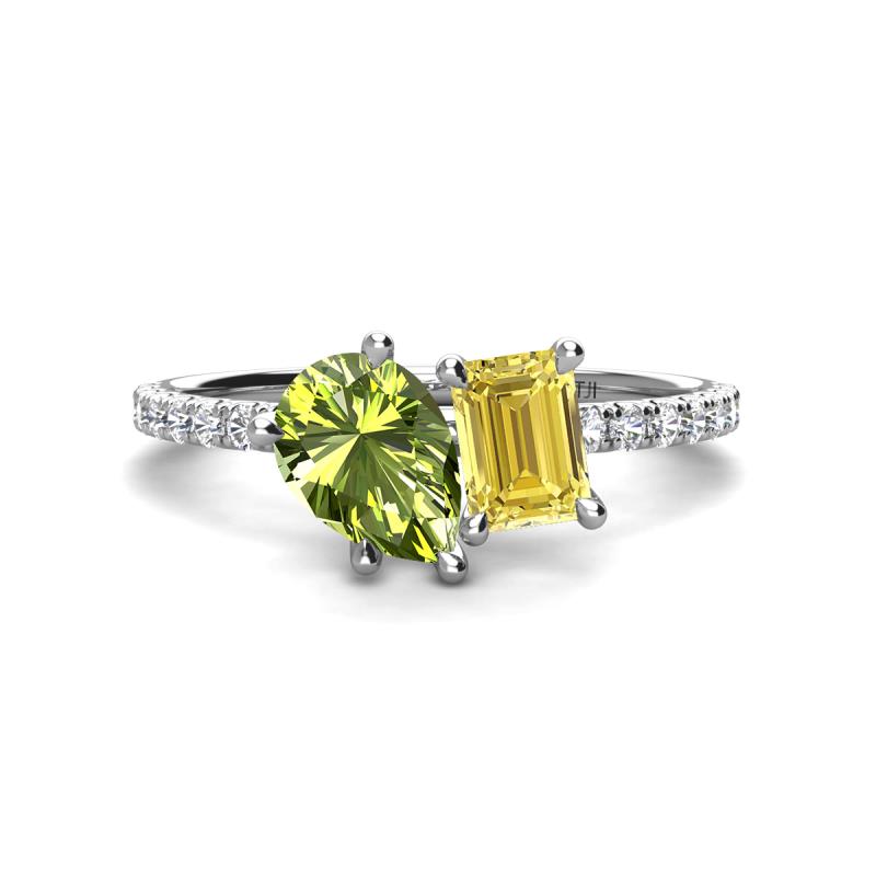 Zahara 9x6 mm Pear Peridot and 7x5 mm Emerald Cut Lab Created Yellow Sapphire 2 Stone Duo Ring 