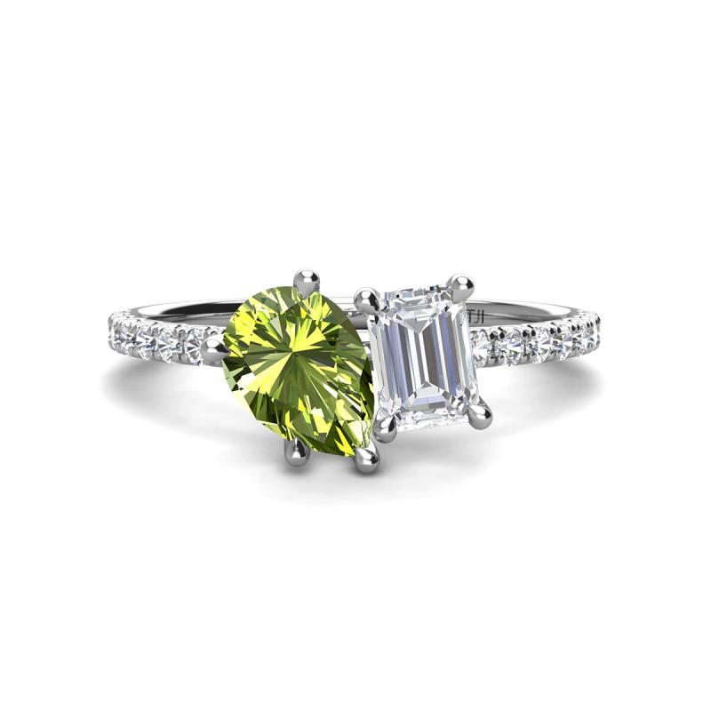 Zahara 9x6 mm Pear Peridot and 7x5 mm Emerald Cut White Sapphire 2 Stone Duo Ring 