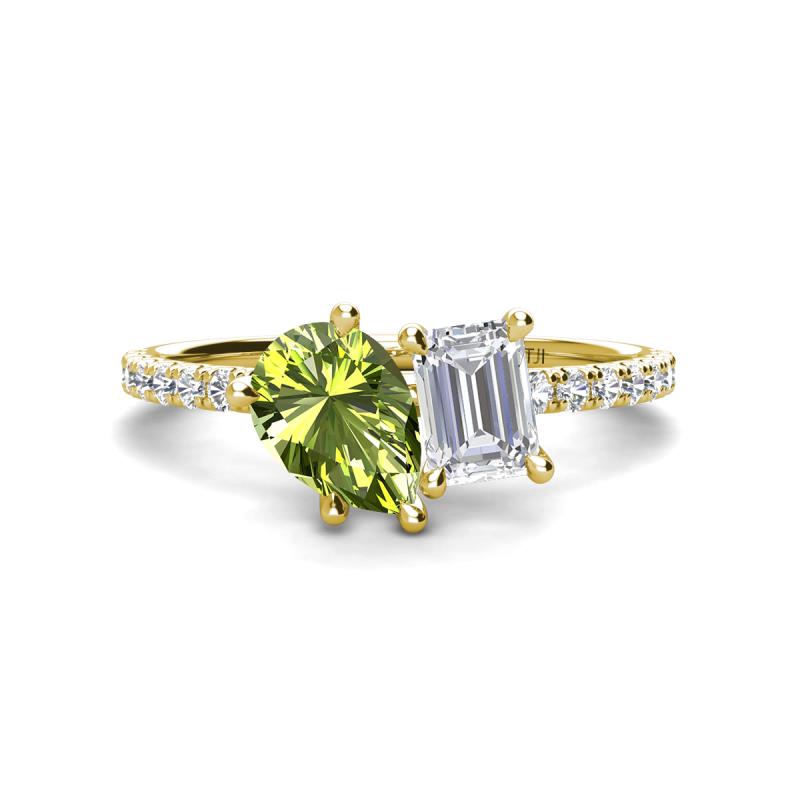 Zahara 9x6 mm Pear Peridot and 7x5 mm Emerald Cut White Sapphire 2 Stone Duo Ring 