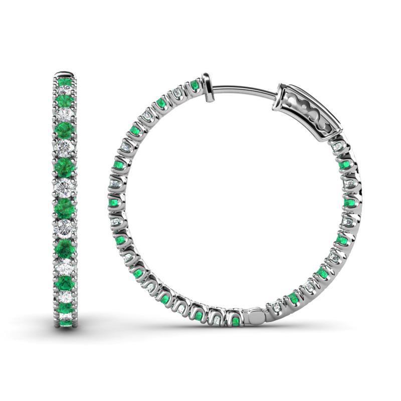 Melissa 1.65 ctw (2.00 mm) Inside Outside Round Emerald and Natural Diamond Eternity Hoop Earrings 