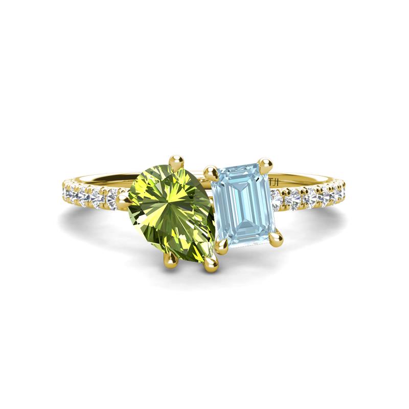 Zahara 9x6 mm Pear Peridot and 7x5 mm Emerald Cut Aquamarine 2 Stone Duo Ring 