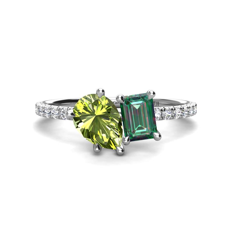Zahara 9x6 mm Pear Peridot and 7x5 mm Emerald Cut Lab Created Alexandrite 2 Stone Duo Ring 