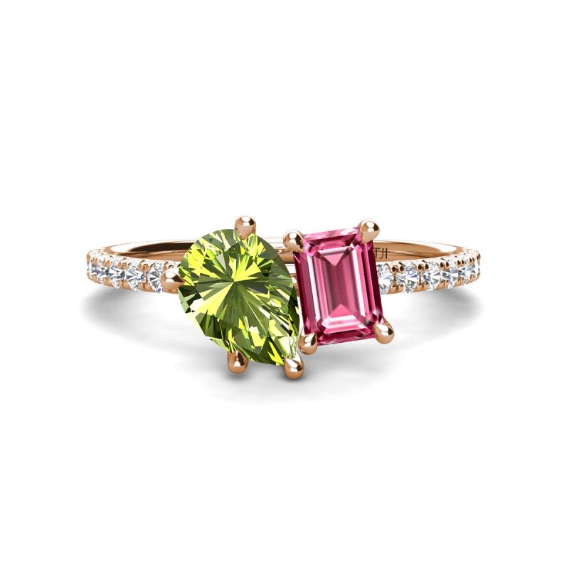 Zahara 9x6 mm Pear Peridot and 7x5 mm Emerald Cut Pink Tourmaline 2 Stone Duo Ring 