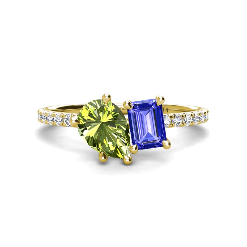 Zahara 9x6 mm Pear Peridot and 7x5 mm Emerald Cut Tanzanite 2 Stone Duo Ring 