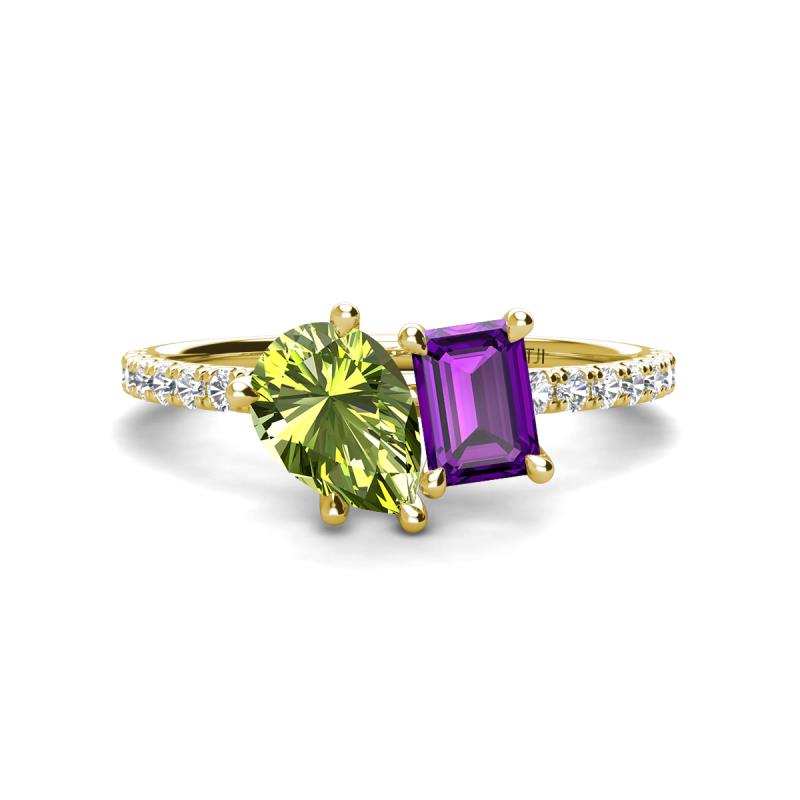 Zahara 9x6 mm Pear Peridot and 7x5 mm Emerald Cut Amethyst 2 Stone Duo Ring 