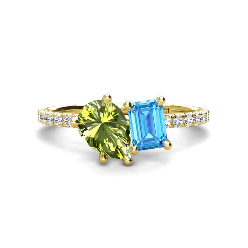 Zahara 9x6 mm Pear Peridot and 7x5 mm Emerald Cut Blue Topaz 2 Stone Duo Ring 
