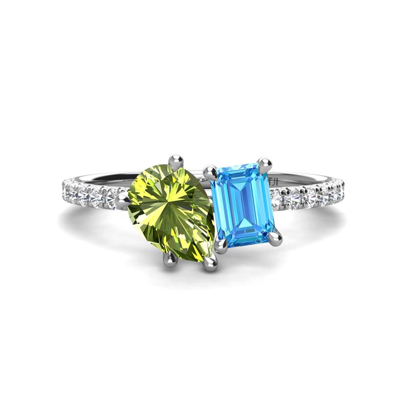 Zahara 9x6 mm Pear Peridot and 7x5 mm Emerald Cut Blue Topaz 2 Stone Duo Ring 